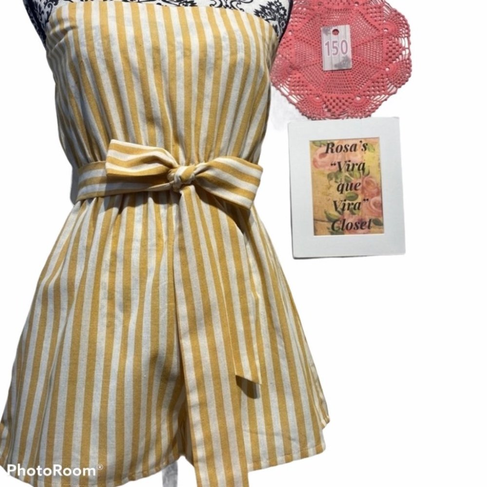 Shein White and Yellow Romper with Belt - Picture 1 of 12